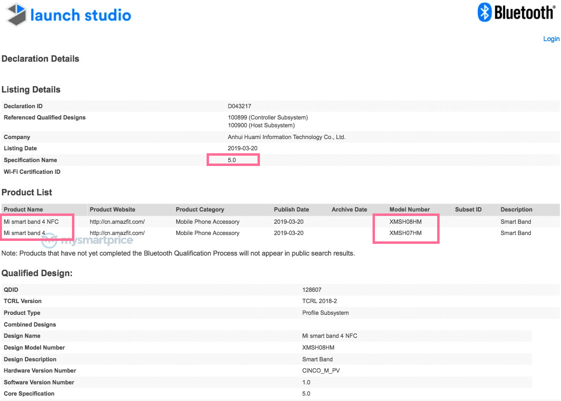 Mi Band 4 and Mi Band 4 NFC Bluetooth certification