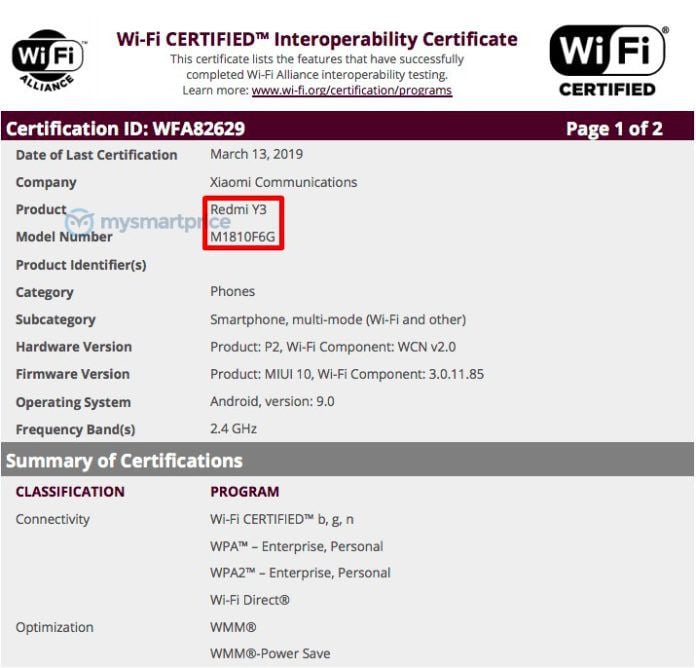 Redmi Y3 Wi-Fi certification