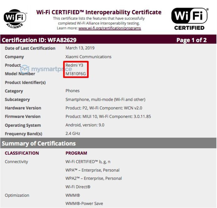 Redmi Y3 gets Wi-Fi certification, will come with Android Pie