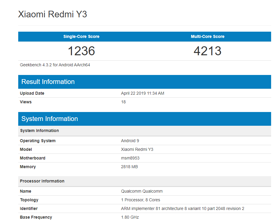 Redmi Y3 Geekbench