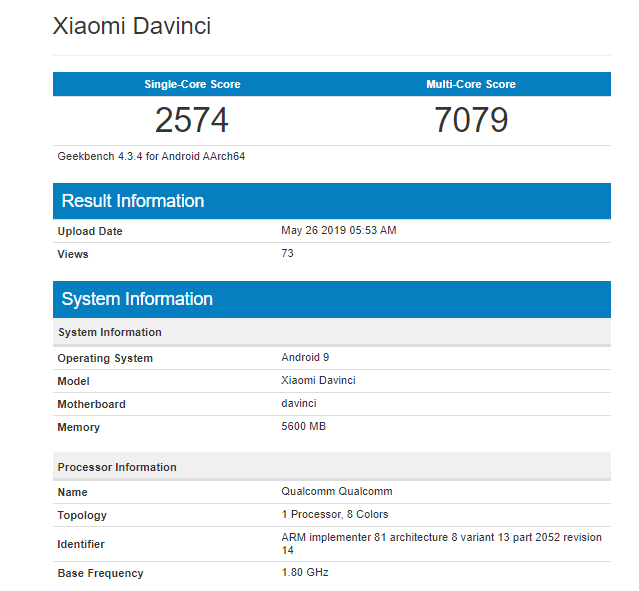 Redmi K20 Geekbench