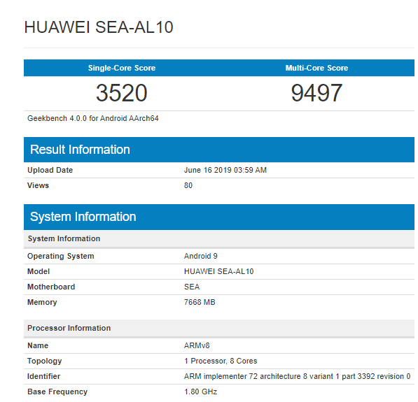 Huawei Nova 5 Geekbench
