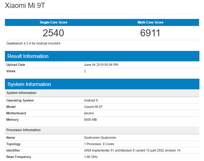 Xiaomi Mi 9T Geekbench