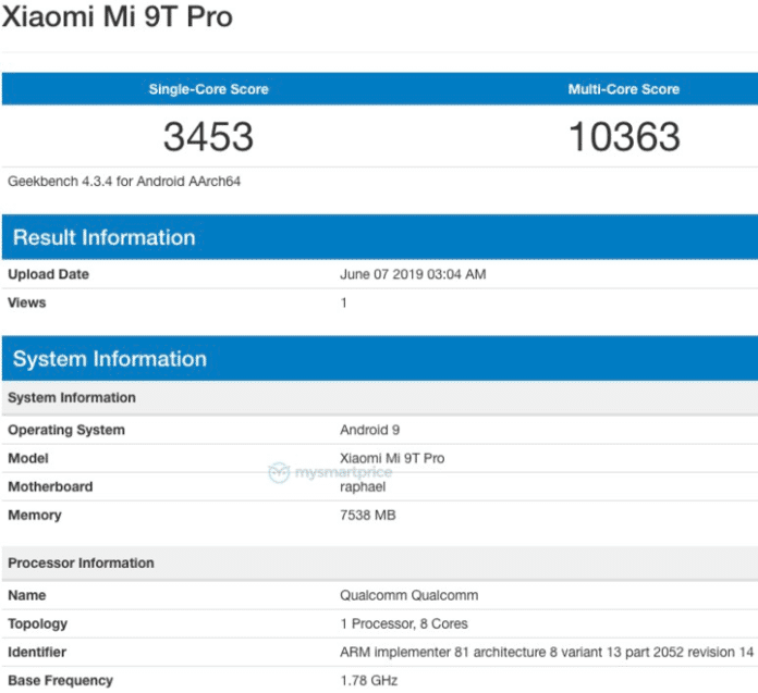 Xiaomi Mi 9T Pro Geekbench Raphael