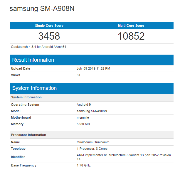 Galaxy A90 Geekbench