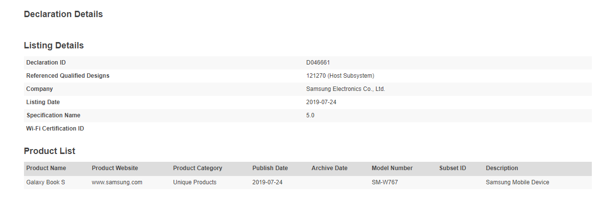Galaxy Book S Bluetooth SIG