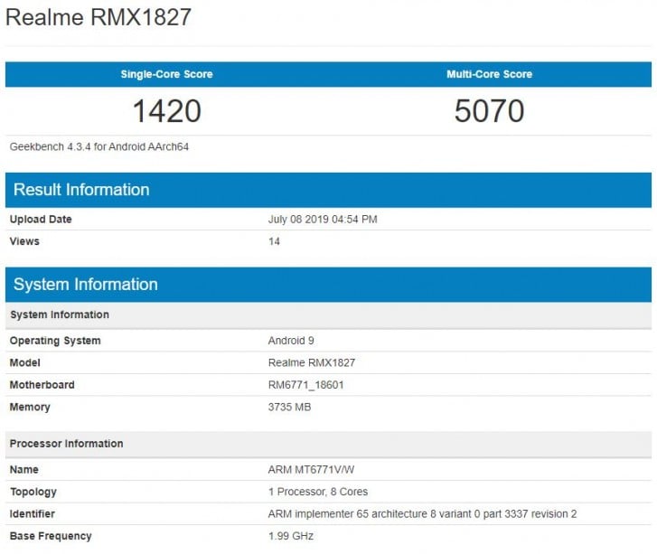 Realme 3i RMX1827 Geekbench listing