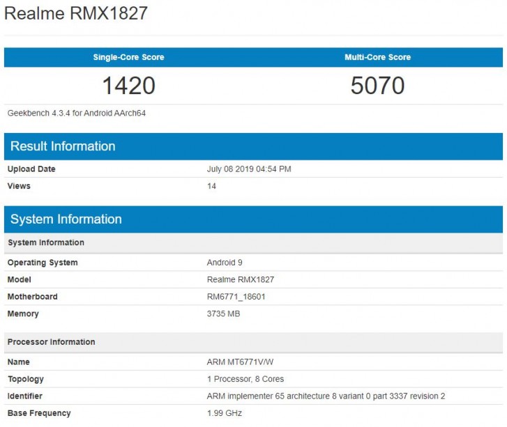 Realme 3i RMX1827 Geekbench listing