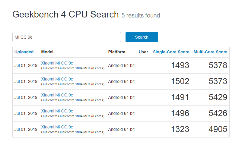Xiaomi CC9e Geekbench