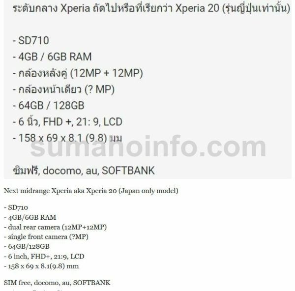 Xperia 20 specs