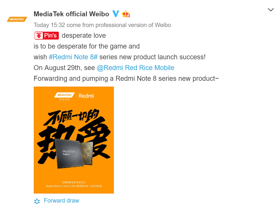 Konfirmasi MediaTek di Weibo pada Redmi Note 8 yang menggunakan Mediatek G90 dan atau G90T.