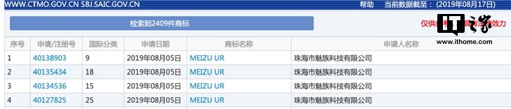 Meizu UR trademark application