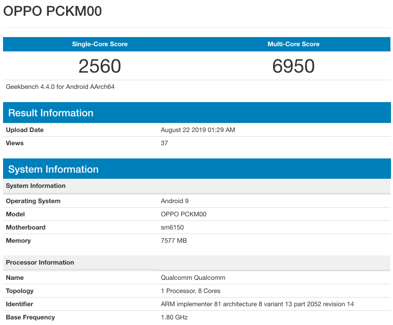 Oppo PCKM00 Geekbench
