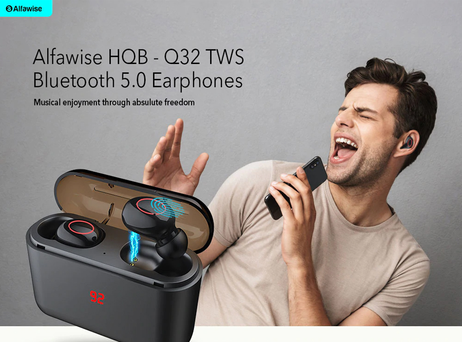 Alfawise HQB - Q32TWS Binaural Wireless Bluetooth Mini Earbuds with Power Display - Black Touch Control