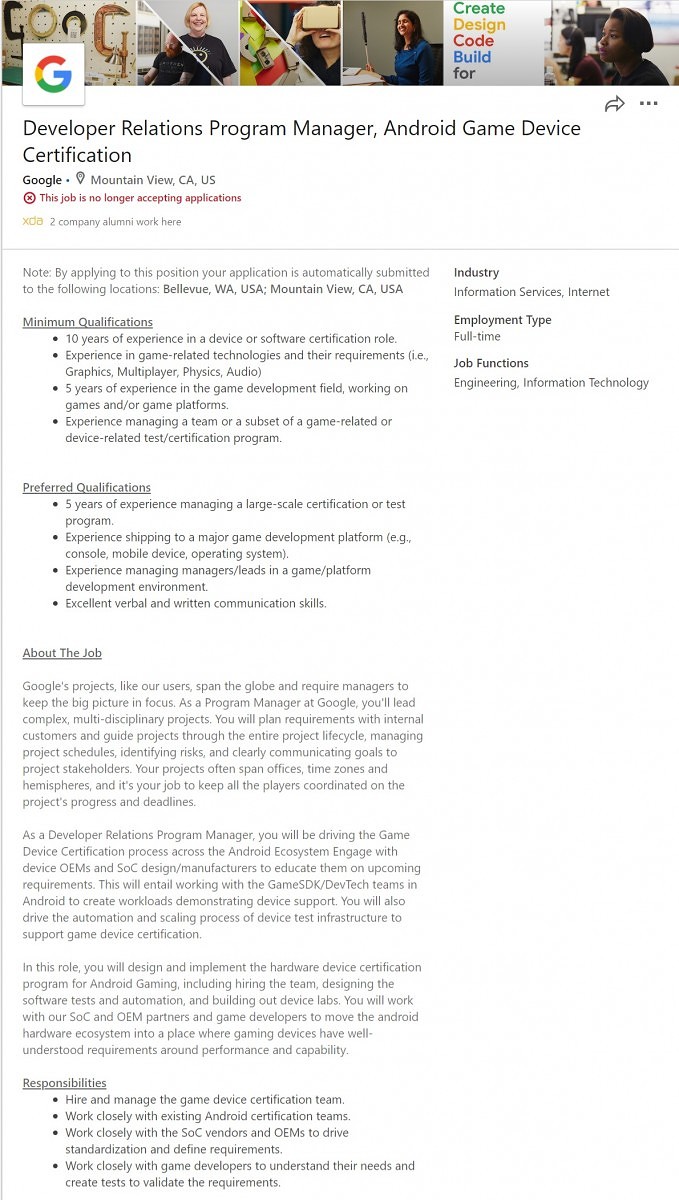 Google Game Device Certification Job listing