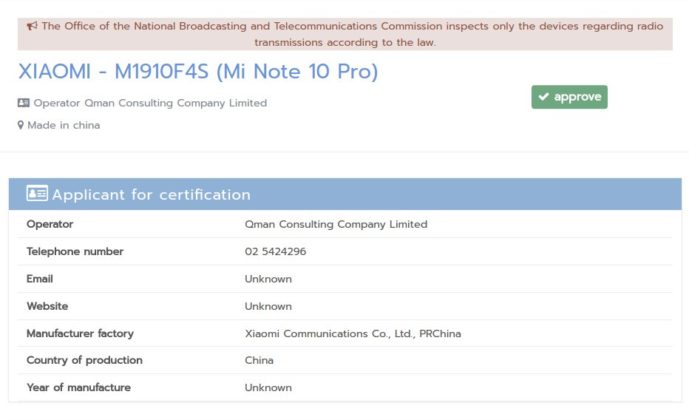 Xiaomi Mi Note 10 Pro NBTC
