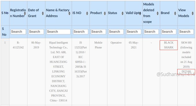 Xiaomi Black Shark 2 Pro BIS Certification