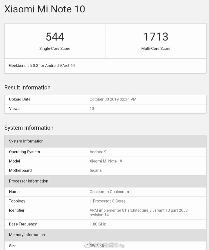 Xiaomi Mi Note 10 Geekbench