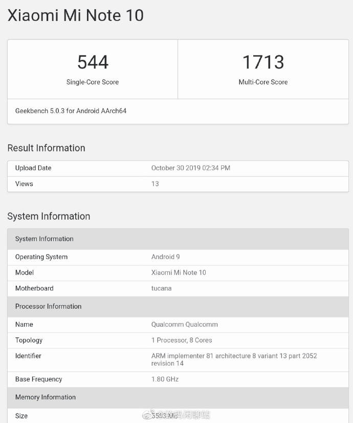 Xiaomi Mi Note 10 Geekbench