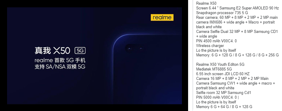 Realme X50 and X50 Lite 5G specifications