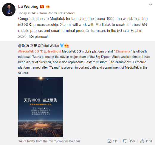 После презентации MediaTek Dimensity 1 000 глава бренда Redmi Лю Вейбин поздравил компанию MediaTek с новинкой После презентации MediaTek Dimensity 1 000 глава бренда Redmi Лю Вейбин поздравил компанию MediaTek с новинкой