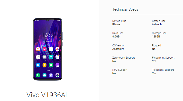 Vivo V1936AL Android Enterprise Listing