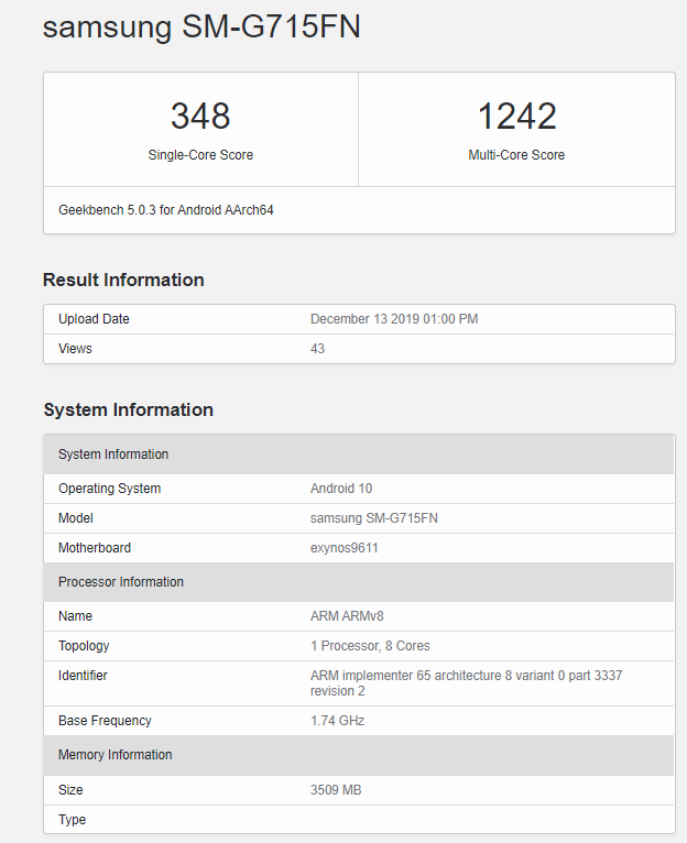Galaxy Xcover Pro Geekbench