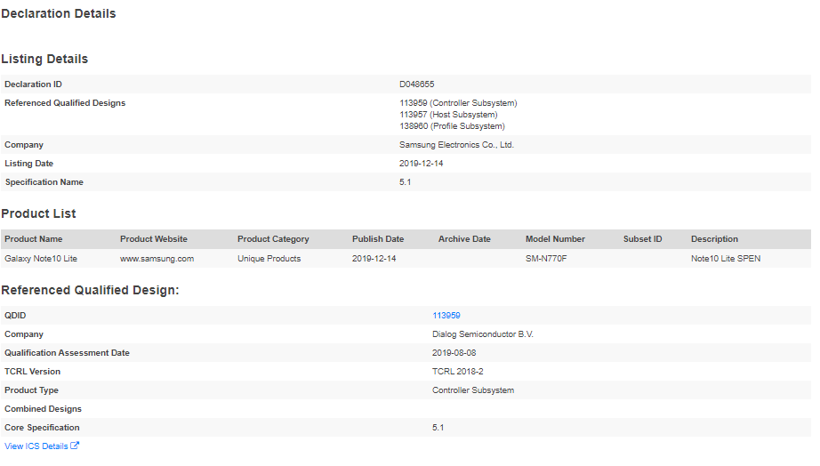 Samsung Galaxy Note10 Lite Bluetooth Certification