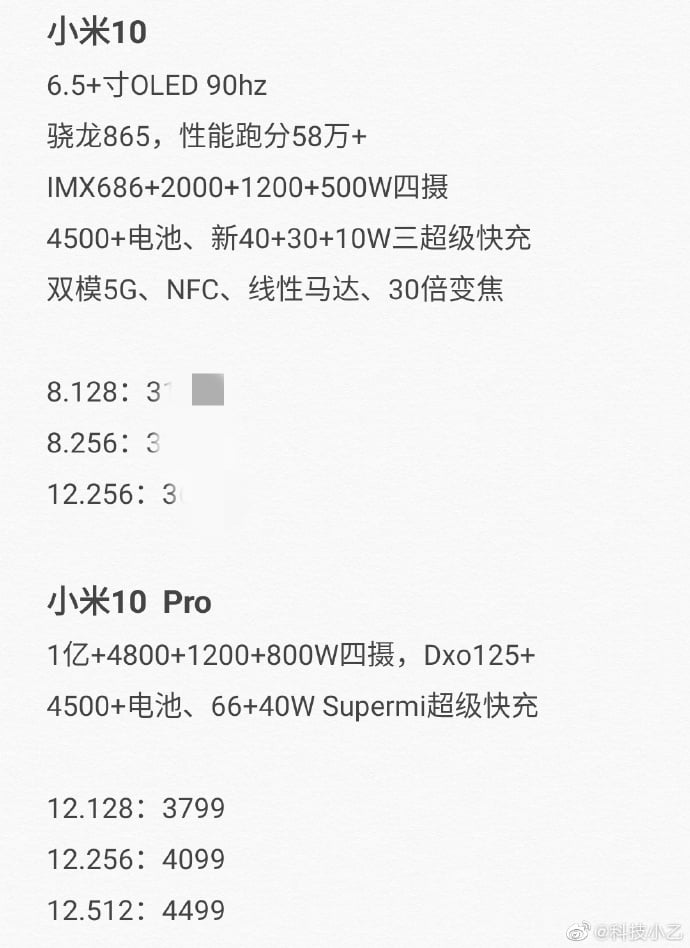 Xiaomi Mi 10 series spec leak