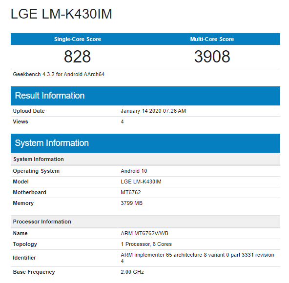 LG K43 (LM-K430IM) Geekbench
