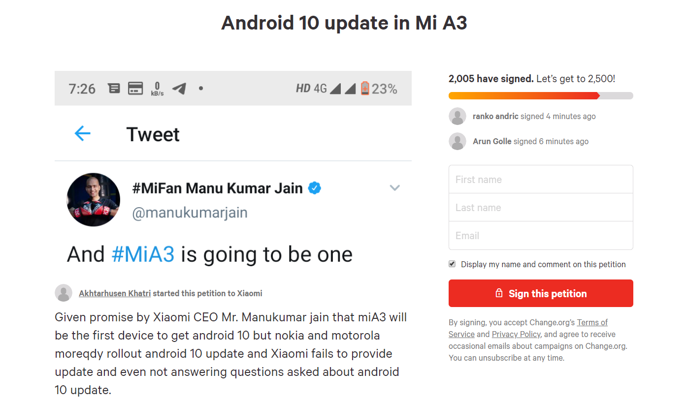 Mi A3 Android 10 dilekçe güncellemesi