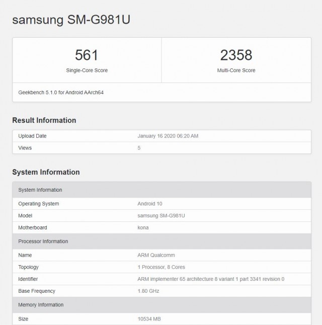 Samsung Galaxy S20 (SM-G981U) Geekbench