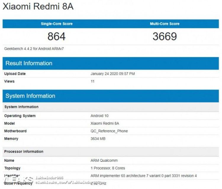 Xiaomi Redmi 8A Android 10 Geekbench