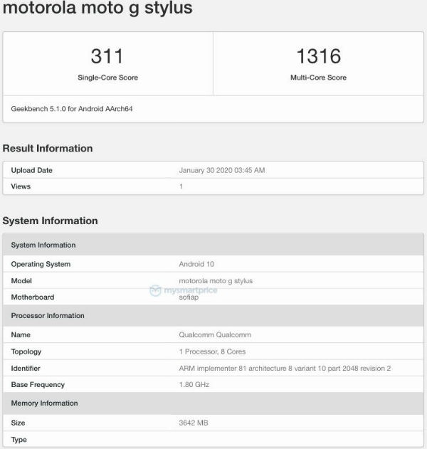 motorola moto g stylus Geekbench