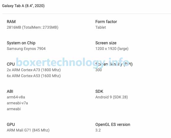 Galaxy Tab A 8.4 (2020) specs sheet