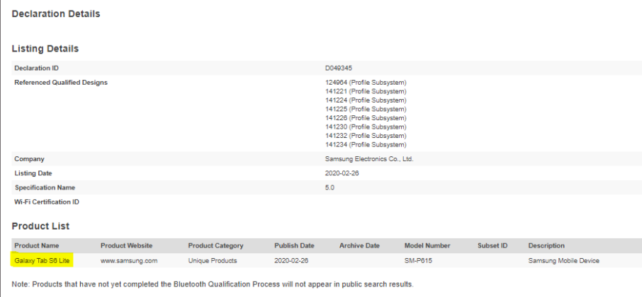 Samsung Galaxy Tab S6 Lite gets Bluetooth Certification - Gizmochina