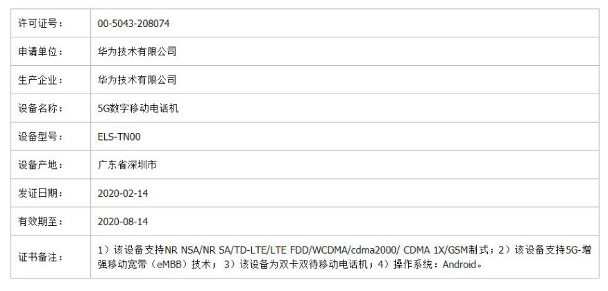 Серия Huawei P40 TENAA