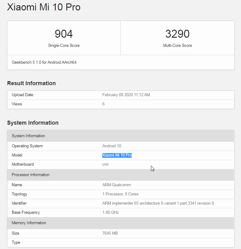 mi 10 pro geekbench