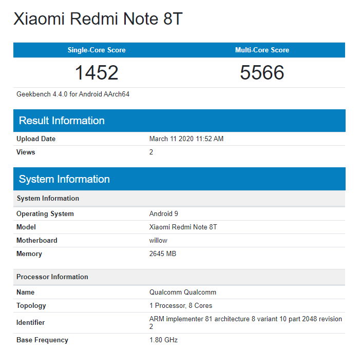 Redmi Note 8T Geekbench