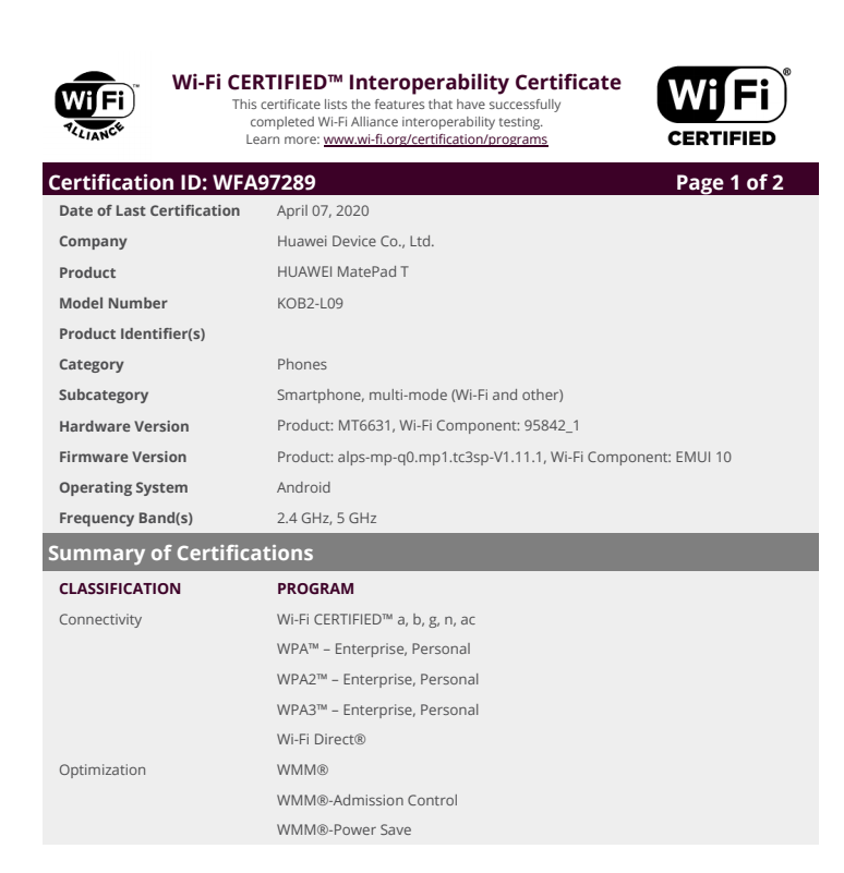 MatePad T Wi-Fi Alliance