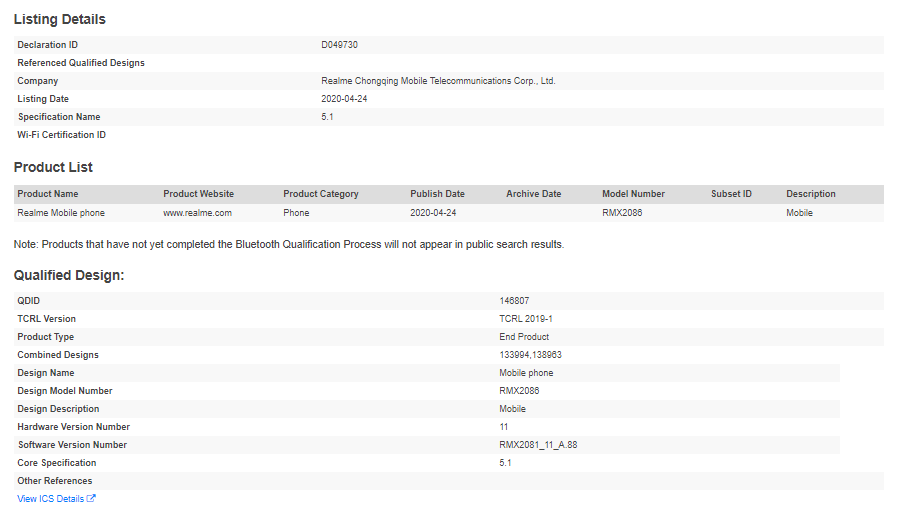 Realme X3 SuperZoom Bluetooth SIG