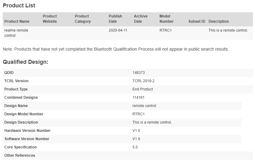 Realme remote control Bluetooth SIG