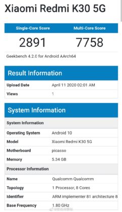 Redmi K30 5G Geekbench