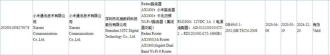 Redmi Wi-Fi Router 3C Certification