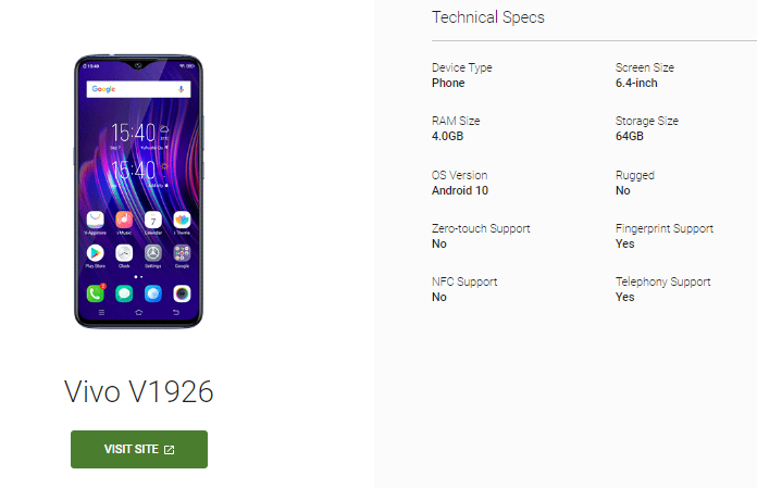 Vivo Y21 Android Enterprise listing