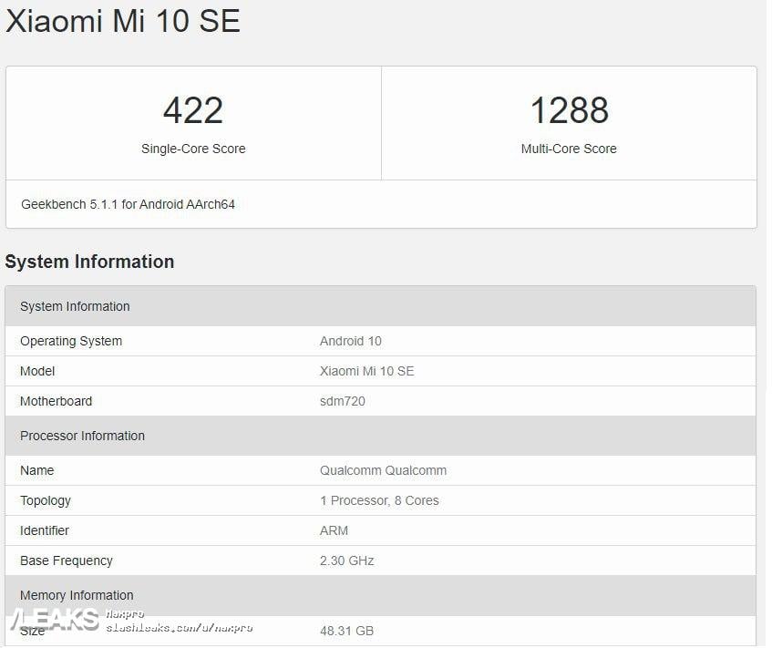 GeekBench listing for rumored Xiaomi Mi 10 SE featured by Slashleaks. 