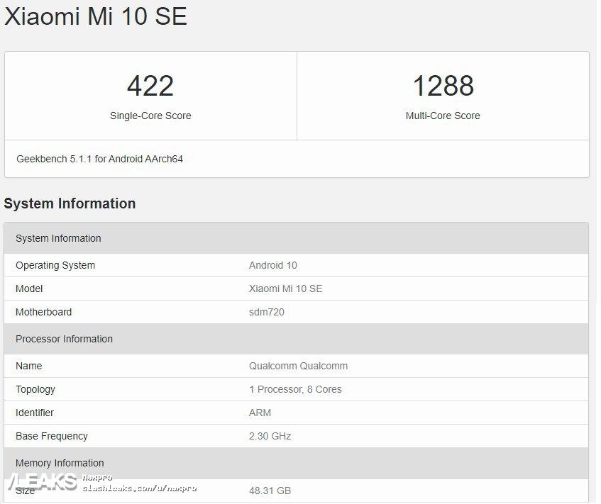 xiaomi mi 10 se GeekBench listing for rumored Xiaomi Mi 10 SE featured by Slashleaks.