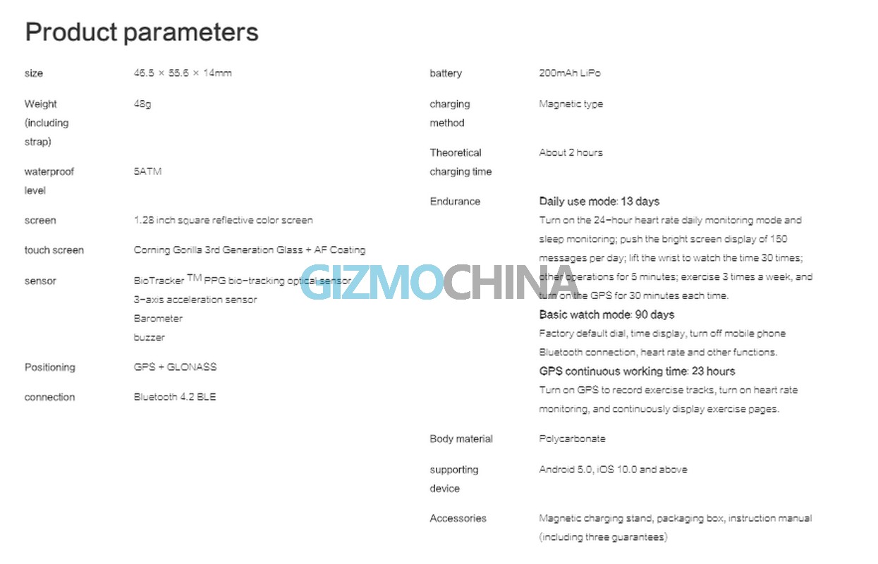 Amazfit Ares spec sheet