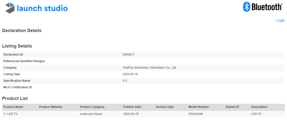 New OnePlus TV Bluetooth Certification