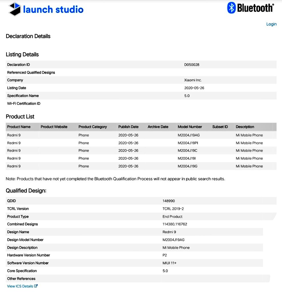 Redmi 9 Bluetooth SIG